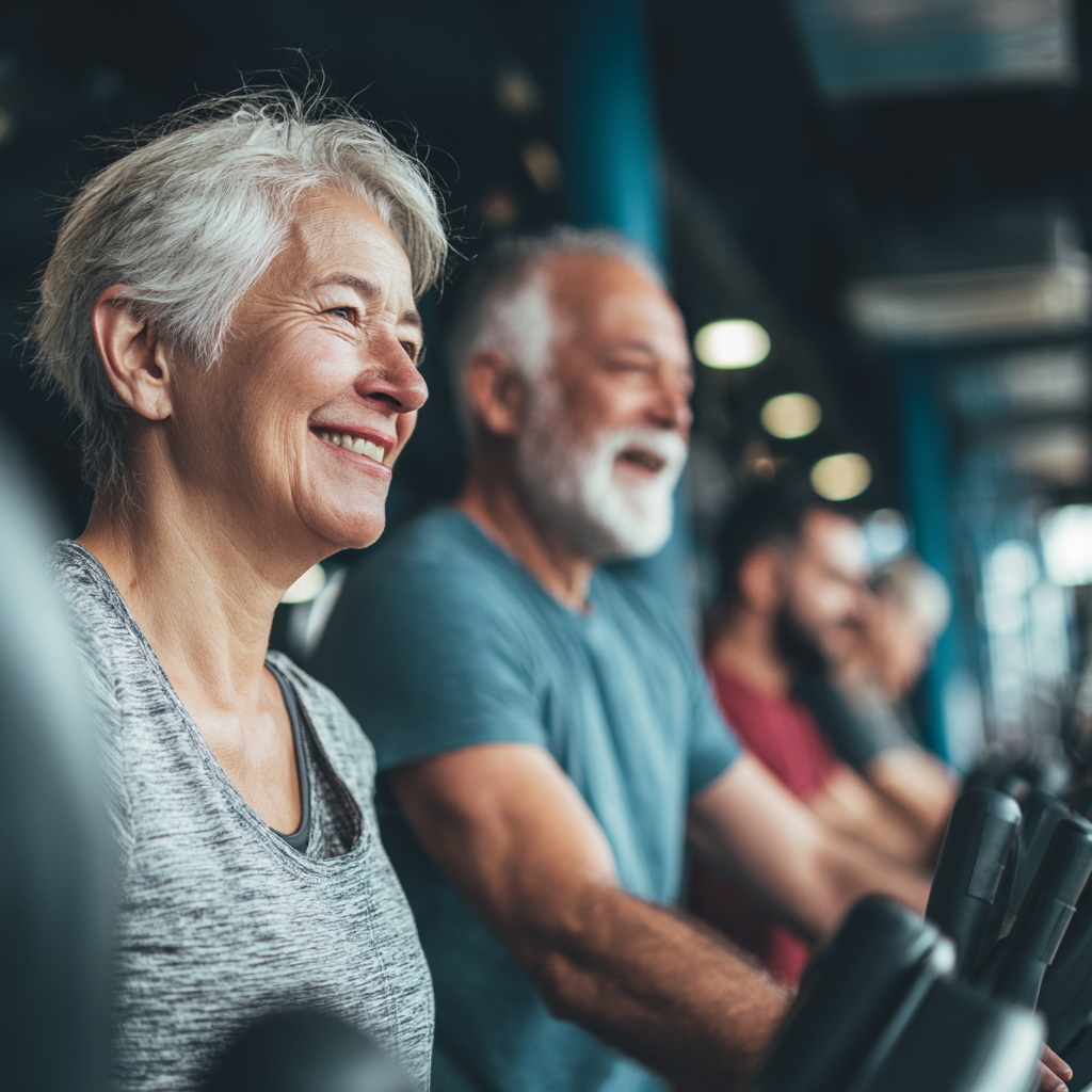Mature adults enjoying supervised fitness training session in modern gym environment