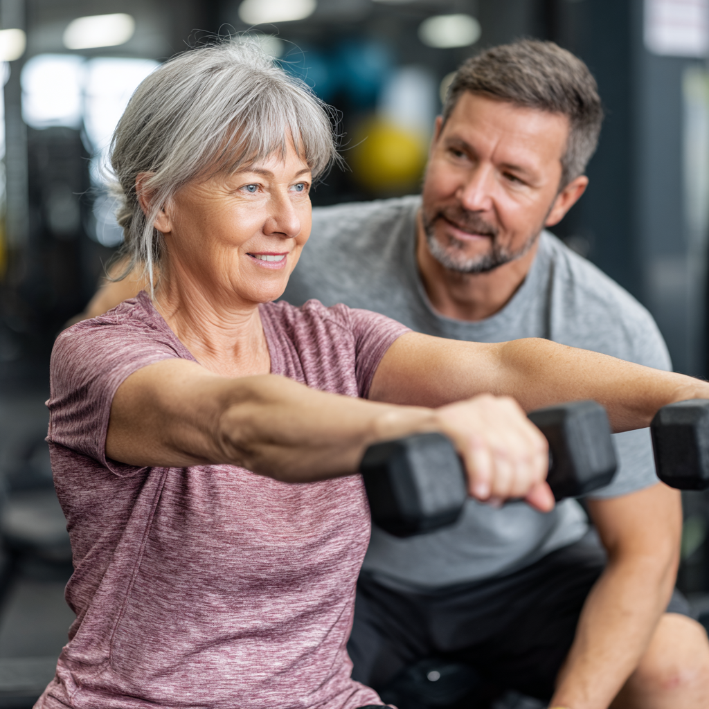 Senior fitness instructor guiding middle-aged client through proper exercise form